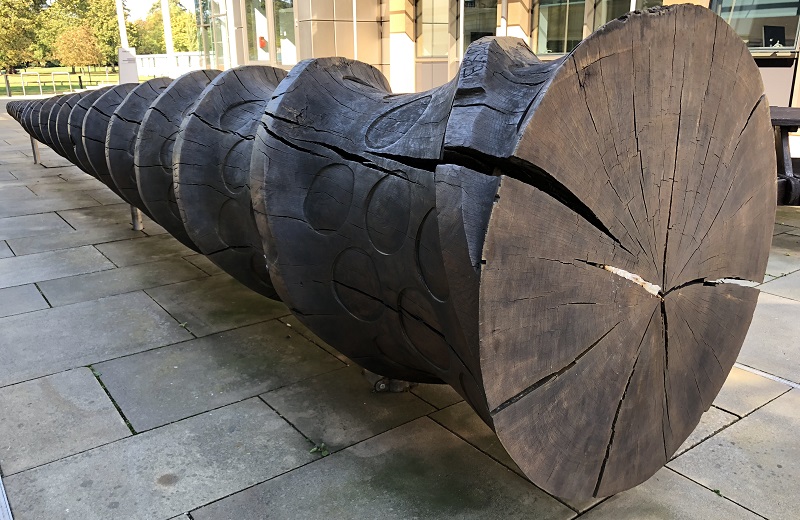 Wooden screw outside the Wellcome Genome Campus Conference Centre