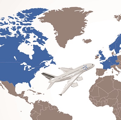 A world map with countries that Fios visited in 2018 coloured in blue. There is a plane with the Fios logo in the centre.