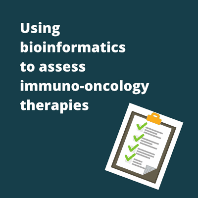 White text that reads 'Using bioinformatics to assess immuno-oncology therapies' on a dark blue background.